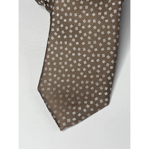 Michael Kors Mens Brown Tan Geometric 100% Silk Necktie Business Work - Picture 2 of 11